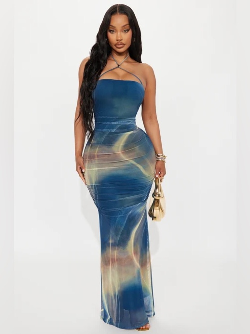 Fashion Nova Blue Marble-Print Halter Maxi Dress